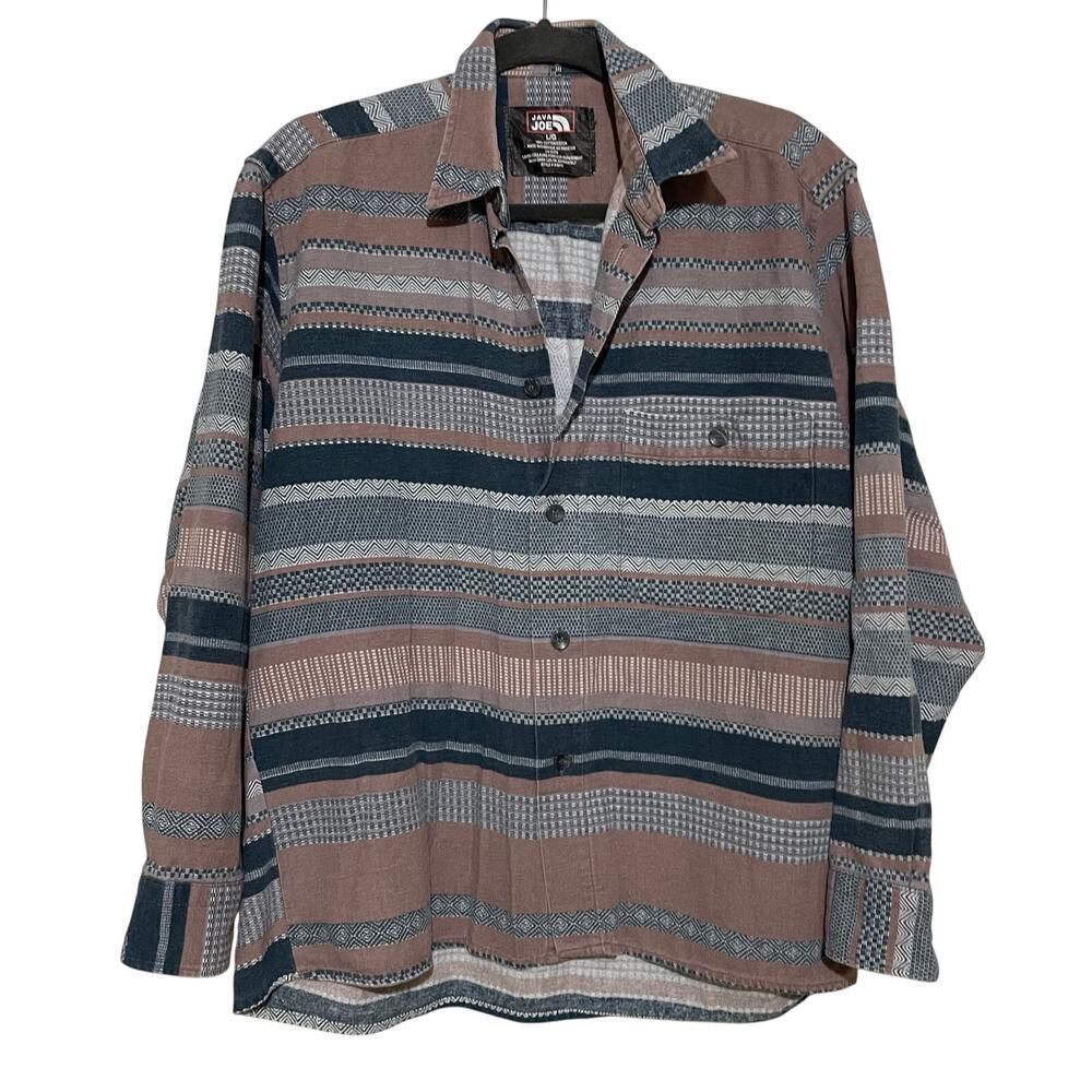 Java Joe Southwestern Print Flannel Tan Blue Striped Button Up Large Aztec Indie